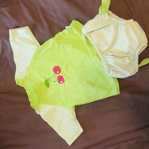 2 piece swimsuit, rashguard top with swim diaper.